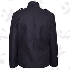 Black double-breasted military blazer with golden buttons, horizontal bands, and a stand-up collar.