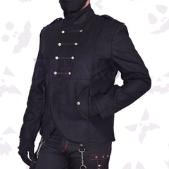 Black double-breasted military blazer with golden buttons, horizontal bands, and a stand-up collar.