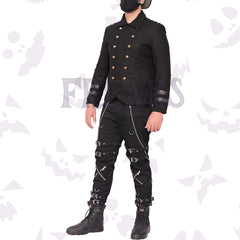 Black gothic military officer jacket with golden ornate buttons, shoulder epaulets, and sleeve bands.