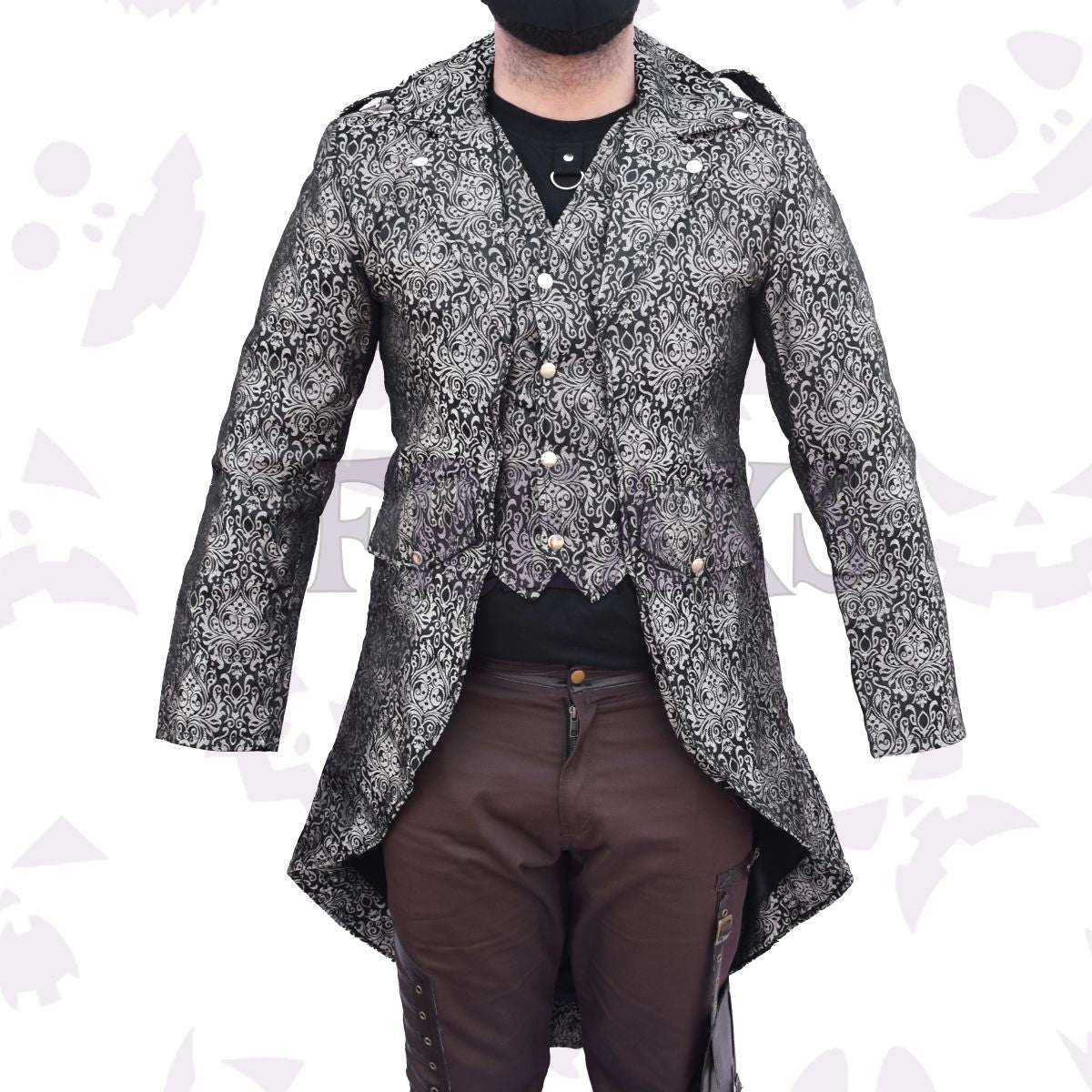 Black and silver brocade steampunk tailcoat with ornate pattern, silver buttons, and notched lapels