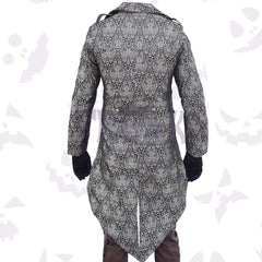 Black and silver brocade steampunk tailcoat with ornate pattern, silver buttons, and notched lapels