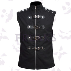 Men's industrial alternative vest: black, sleeveless, with faux leather straps and metal studs.