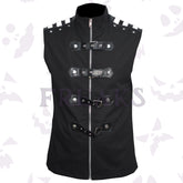 Black gothic officer vest with a full zipper, studded collar, and horizontal buckle straps