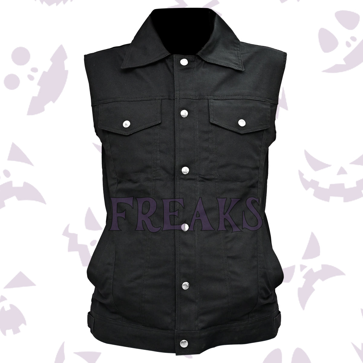 Black elite gothic vest for men with a collared neck, snap buttons, and chest pockets