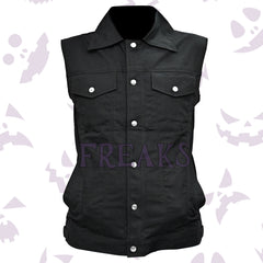 Black elite gothic vest for men with a collared neck, snap buttons, and chest pockets