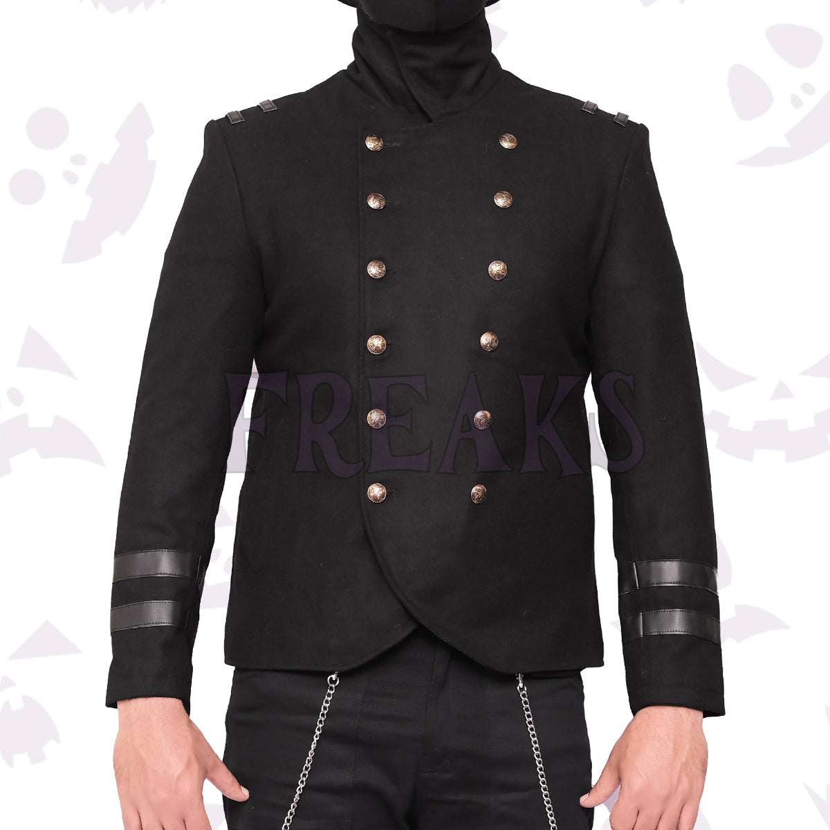 Black gothic military officer jacket with golden ornate buttons, shoulder epaulets, and sleeve bands.