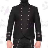 Black gothic military officer jacket with golden ornate buttons, shoulder epaulets, and sleeve bands.