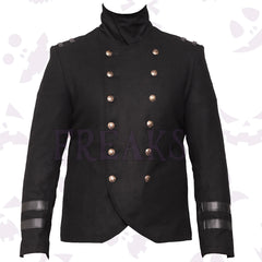 Black gothic military officer jacket with golden buttons, shoulder epaulets, and sleeve leather bands.