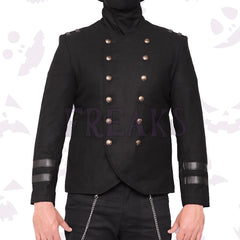 Black gothic military officer jacket with golden ornate buttons, shoulder epaulets, and sleeve bands.