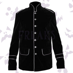 Black velvet military jacket with white piping, ornate silver buttons, and shoulder epaulets.