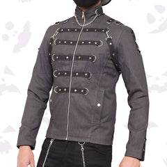 Men Gothic Officers Jacket: grey, long-sleeve, with tactical straps, rivets, and a stand-up collar.