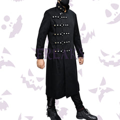Black devil freaks trench coat with a high studded collar, multiple horizontal buckle straps, and rivets