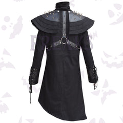 women studded coat: black, with an asymmetrical hem and lace-up studded cuffs back side