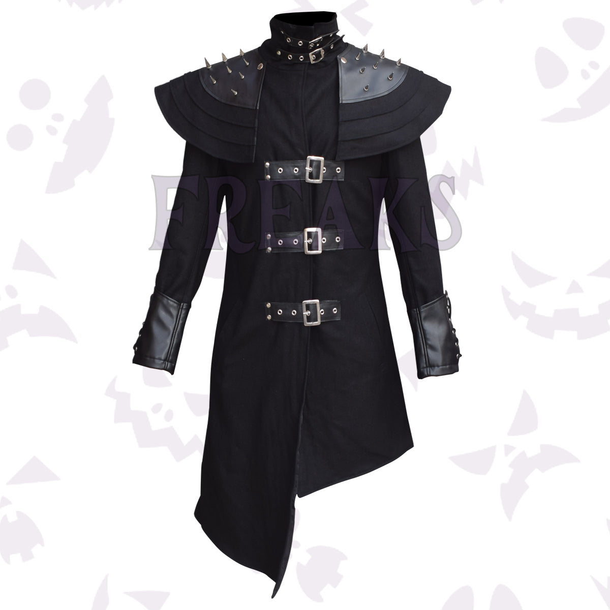 Black wool gothic coat for women with studded leather shoulders, multiple buckles, and a choker collar.