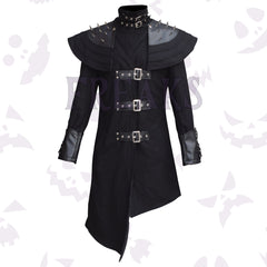 Black wool gothic coat for women with studded leather shoulders, multiple buckles, and a choker collar.
