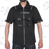 shadow battalion short-sleeve gothic shirt with prominent faux leather buckle straps and shoulder zippers