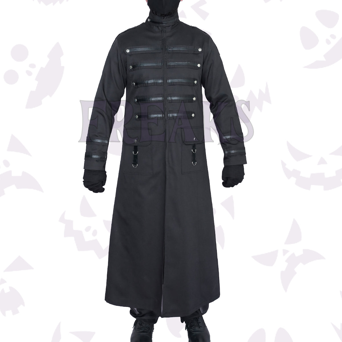 Black gothic long coat with a full zipper, horizontal bands, silver snap buttons, and D-rings