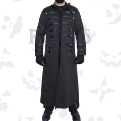 Black gothic long coat with a full zipper, horizontal bands, silver snap buttons, and D-rings