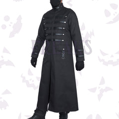 Black gothic long coat with a full zipper, horizontal bands, silver snap buttons, and D-rings