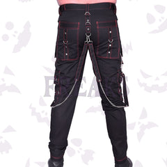 Freaks' freaky black pants with vibrant red contrast stitching and metal chain detailing