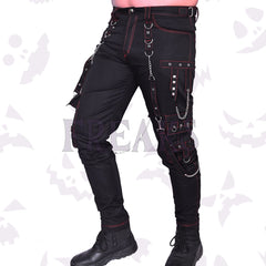 Black gothic pants with red stitching, hanging detachable silver chains