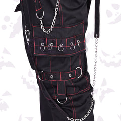 Black gothic pants with red stitching, pyramid studs pocket closeup