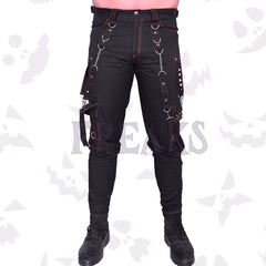 Black gothic pants with red stitching, silver chains, pyramid studs