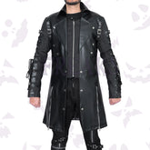 Men's freaky alternative long coat: black, with rivet details, shoulder epaulets, and buckles