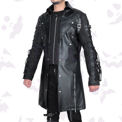 Men's freaky alternative long coat: black, with rivet details, shoulder epaulets, and buckles