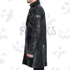 Men's freaky alternative long coat: black, with rivet details, shoulder epaulets, and buckles