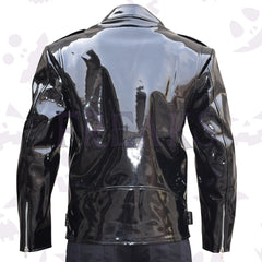 Black glossy PVC moto jacket with an asymmetrical zipper, notched lapels, and belted waist.