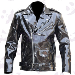 Black glossy PVC moto jacket with an asymmetrical zipper, notched lapels, and belted waist