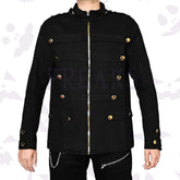 Black gothic military jacket with a gold zipper, golden buttons, and horizontal fabric bands