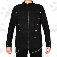 Black gothic military jacket with a gold zipper, golden buttons, and horizontal fabric bands