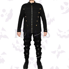Golden Button Goth Military Jacket with a gold zipper, golden buttons, and horizontal fabric bands