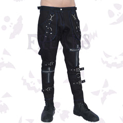 Emo black skin-fit pants featuring prominent blue thread detail, strap and zippers