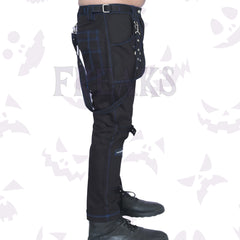 Industrial black pants for men: slim fit with blue stitching, zippers, and studded straps