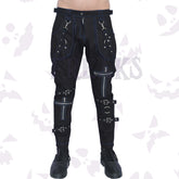 Black gothic slim fit pants with blue stitching, multiple zippers