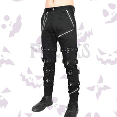 Men's gothic pants featuring leg straps, buckles, a detachable chain