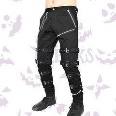 Freaks' black industrial pants: heavily strapped with metal buckles and zippers