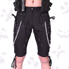 Iron thorn studded cargo shorts with silver chains, D-rings, and lace-up details