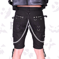 Back of Men's punk gothic shorts: black, with pyramid studs, detachable chains