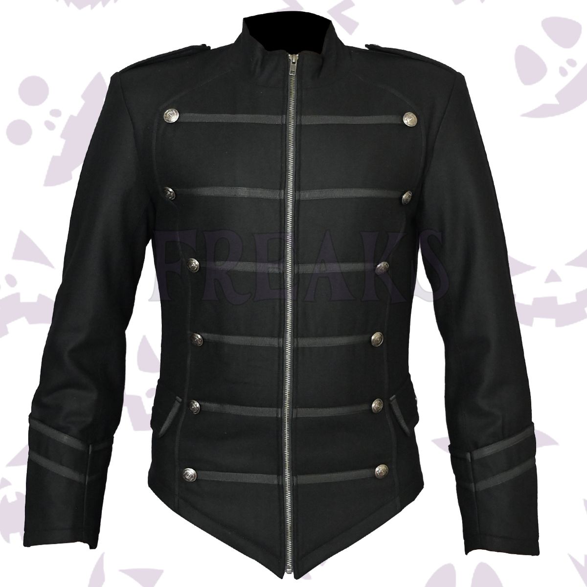 Goth Military Officers Black Wool Jacket black, long-sleeve, with a stand-up collar and military-style details