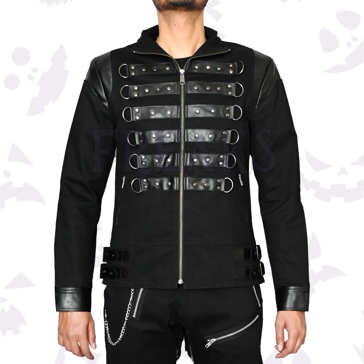 Goth Military Officers Jacket with horizontal leather buckle straps and a front zipper.