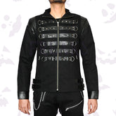 Goth Military Officers Jacket with horizontal leather buckle straps and a front zipper.