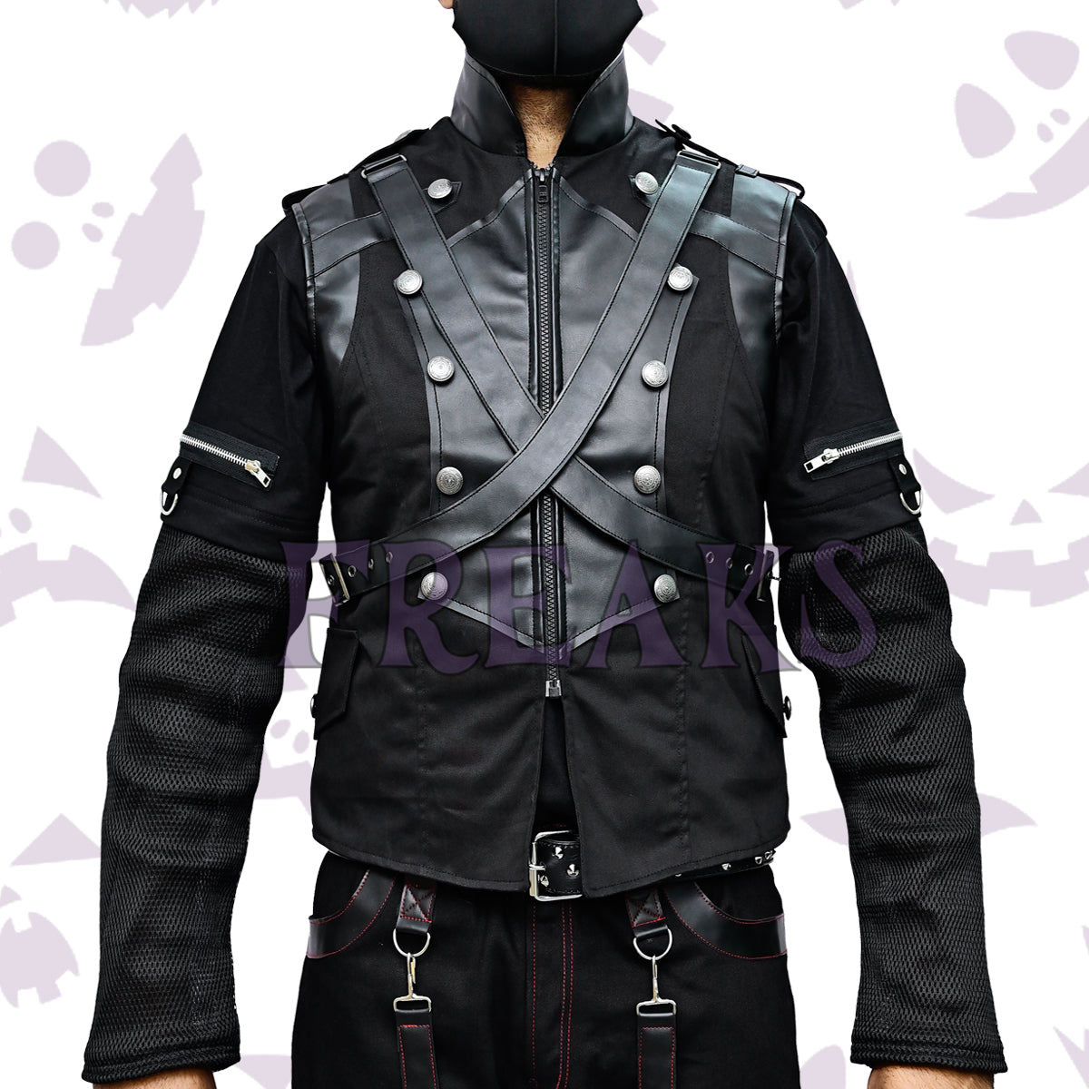 Black gothic military vest with leather straps, metal buttons, and a high collar.