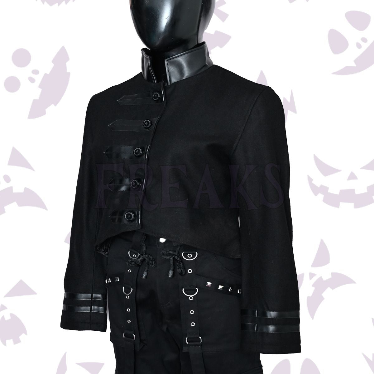 Goth Women Military Officer Black Wool Jacket with a leather collar, buttoned tabs, and cuff bands