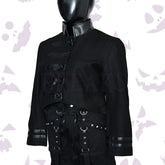 Goth Women Military Officer Black Wool Jacket with a leather collar, buttoned tabs, and cuff bands