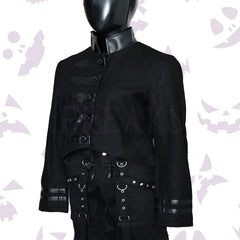 Goth Women Military Officer Black Wool Jacket with a leather collar, buttoned tabs, and cuff bands