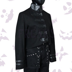 Goth Women Military Officer Black Wool Jacket with leather accents and a distinctive military-style front